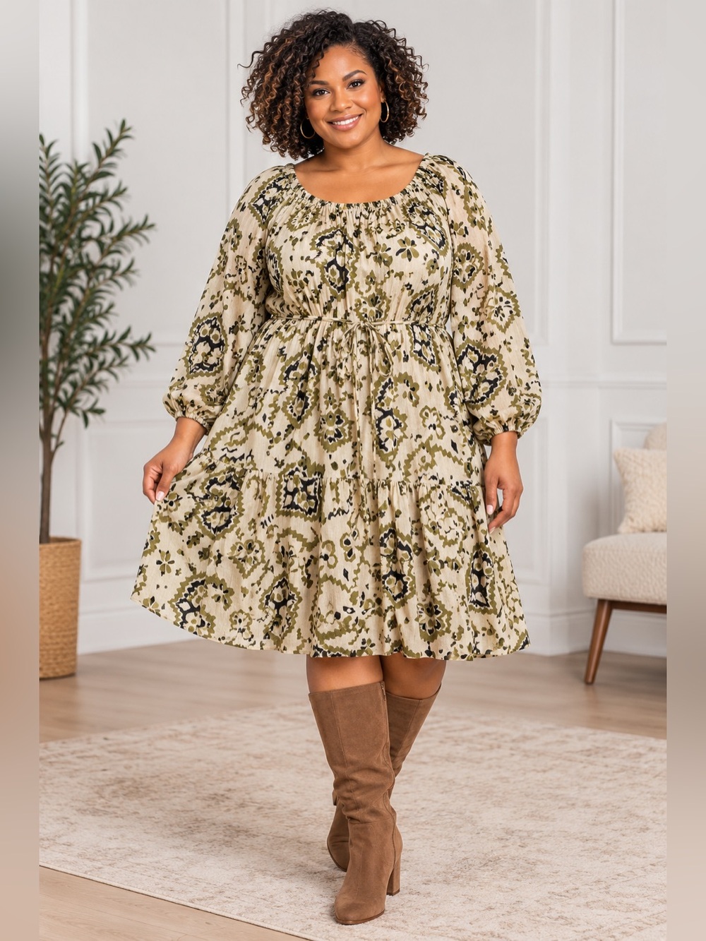 Plus Size XXL Boho Print Tie Waist Balloon Sleeve Dress Cream Olive Black